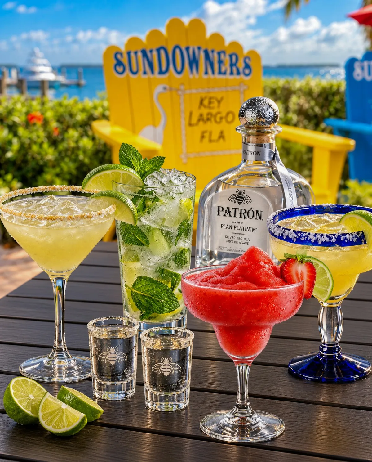 Cocktails and tequila on a Sundowners table overlooking Florida Bay
