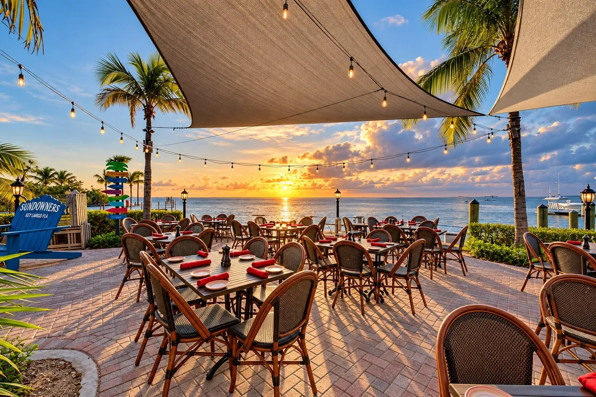 Tables set on the Sundowners waterfront patio at sunset